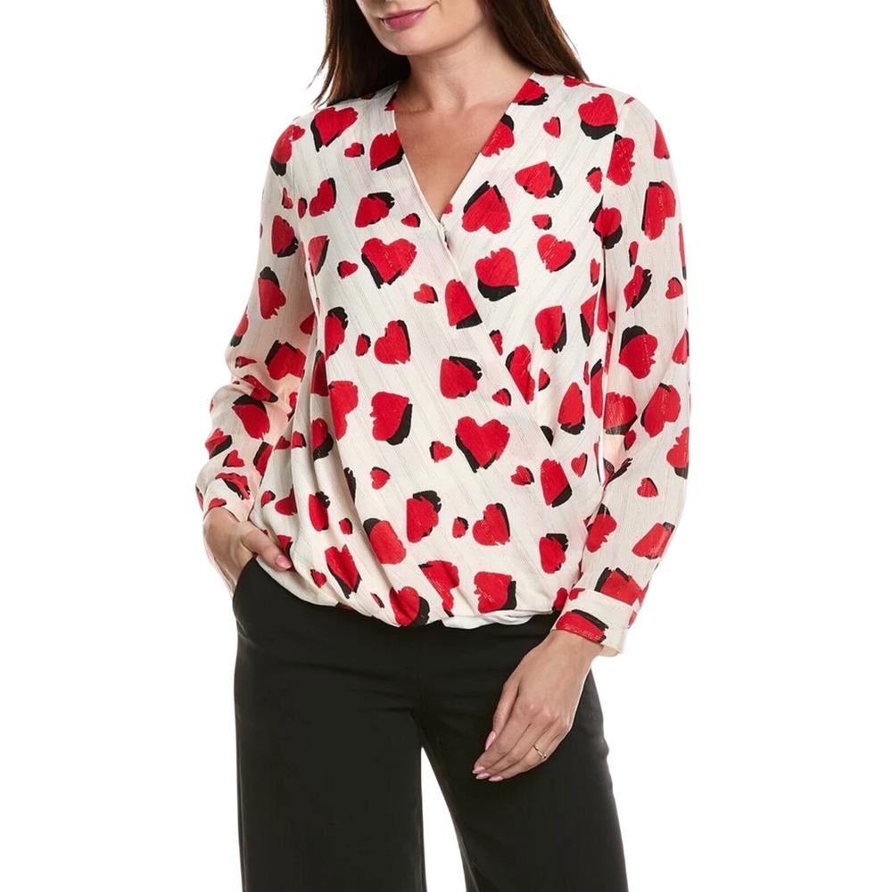 Tahari Womens‎ Blouse Heart Print V-Neck Wrap White Red Size S Fits Like M